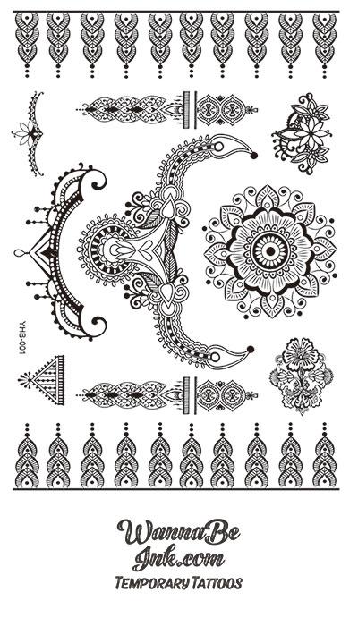 Lotus Mandala Intricate Pattern Henna Style Black Temporary Tattoo Sheet