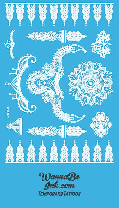 Lotus Mandala Intricate Pattern Henna Style White Temporary Tattoo Sheet