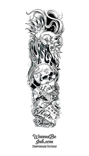 "Love & Hate" Flaming Skull Tattoo Gun and Flower Temporary Sleeve Tattoos