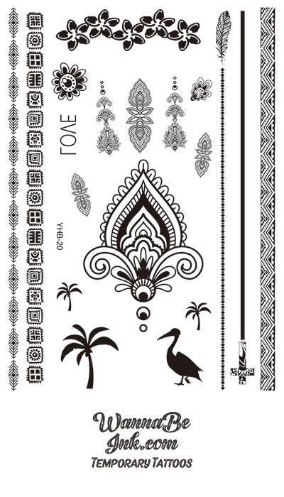 Love Stork Feather Palm Tree Tribal Cross Henna Style Black Temporary Tattoo Sheet
