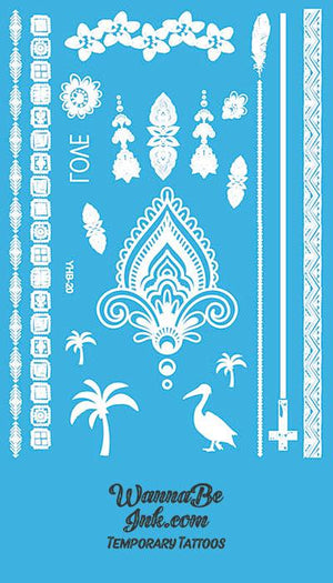 Love Stork Feather Palm Tree Tribal Cross Henna Style White Temporary Tattoo Sheet