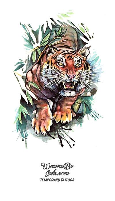 Lunging Tiger in Bamboo Leaves Best Temporary Tattoos