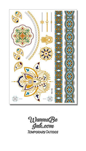 Mandala Hamsa Hands and Blue and Brown Patterns Metallic Temporary Tattoos
