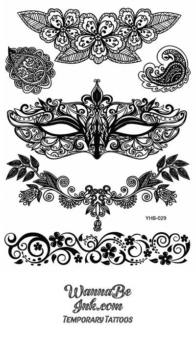 Masquerade Mask Floral Bird Henna Style Black Temporary Tattoo Sheet