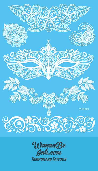 Masquerade Mask Floral Bird Henna Style White Temporary Tattoo Sheet
