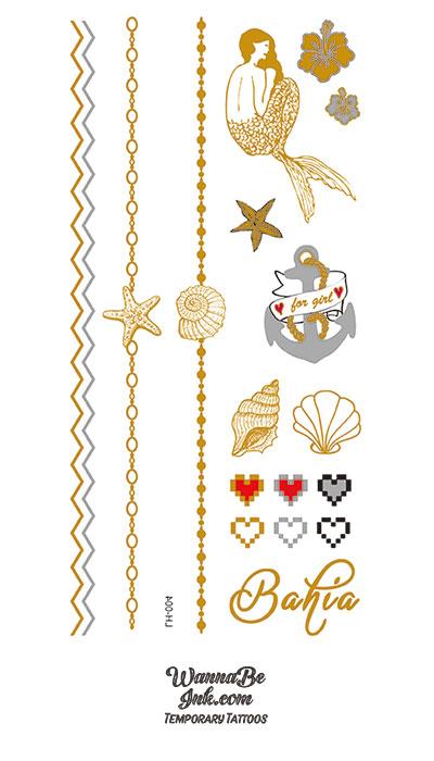 Mermaid Sea Shells and Anchor Necklaces Gold Temporary Tattoos