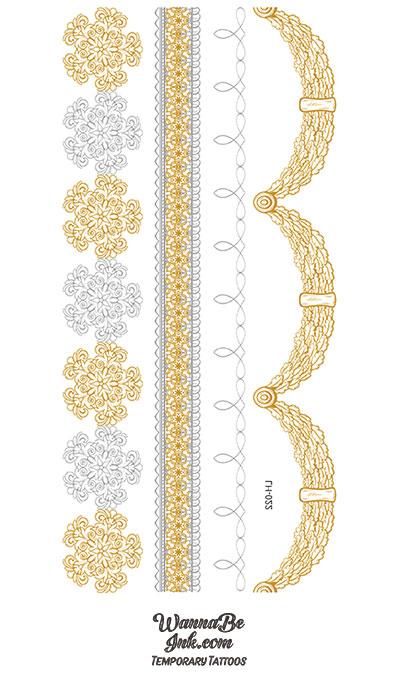Metallic Silver and Gold Banner Bracelets and Necklace in Gold temporary Tattoos