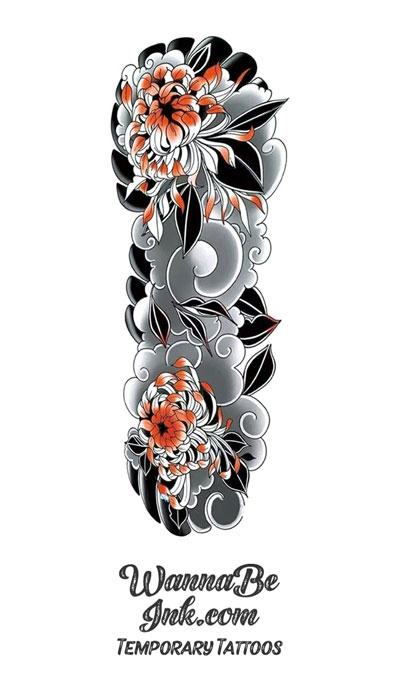 Modern Asian Style Flowers and Clouds Temporary Sleeve Tattoos