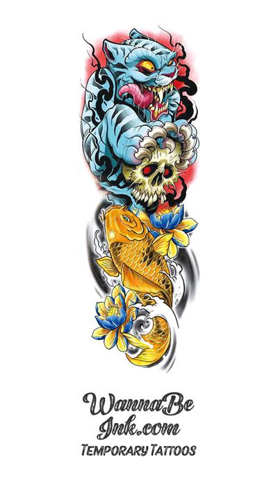 Modern Asian Style Kabuki Tiger with Skull Blue Lotus and Golden Koi Fish Temporary Sleeve Tattoos