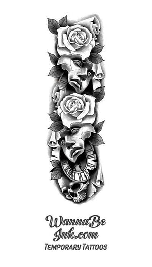 Modern Roses and Broken Statues with Clock and Skulls Temporary Sleeve Tattoos