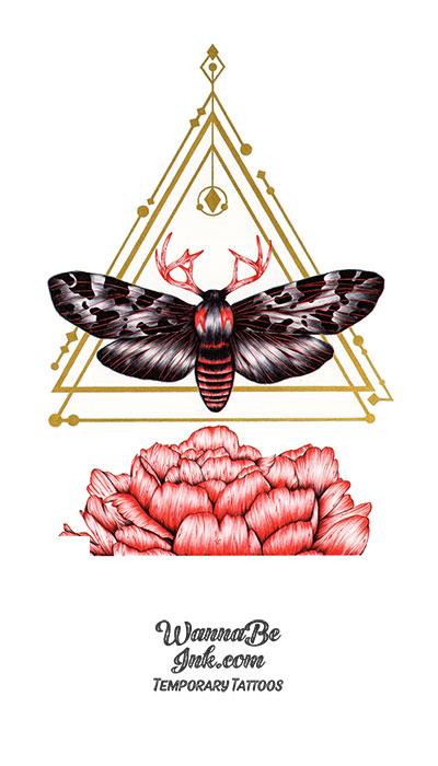 Moth With Red Antlers and Pink Rose Best Temporary Tattoos