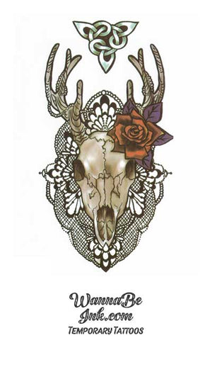 Mounted Deer Skull Wearing A Rose Best Temporary Tattoos