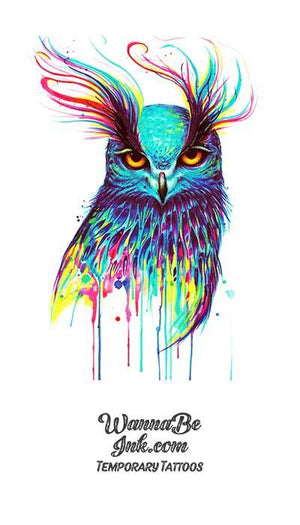 Multi Colored Horned Owl Dripping Paint Best Temporary Tattoos