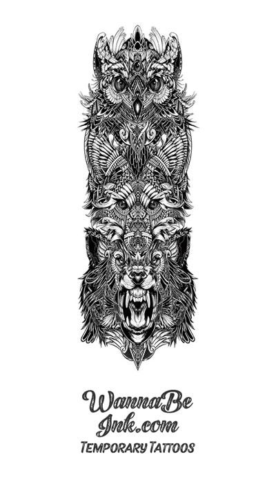 Native American Geometric Owl Fox Wolf Temporary Sleeve Tattoos