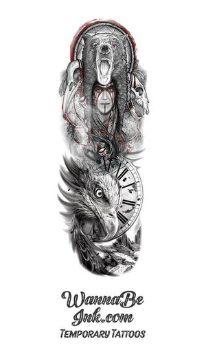 Native American Indian Bear Dream Catcher Eagle Time Landscape Temporary Sleeve Tattoos