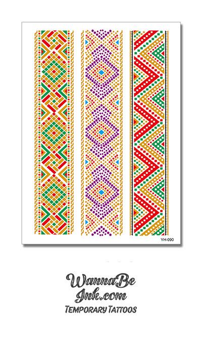 Native American Patterns in Green Purple and Red Bands Metallic Temporary Tattoos