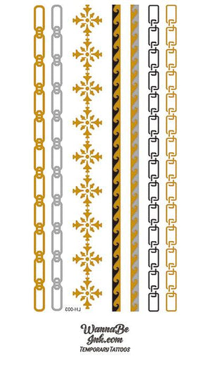 Necklace Chains and Snowflake Design Chain of Gold and Silver Temporary Tattoos
