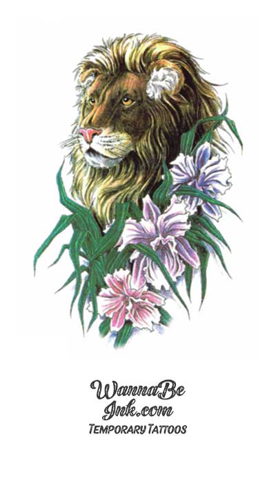 Old Lion in Soft Flowers and Long Grass Best Temporary Tattoos