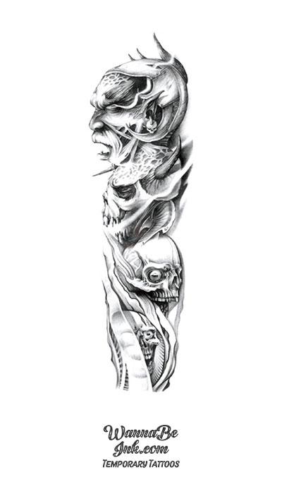 Old Man Demon Skull Temporary Sleeve Tattoos
