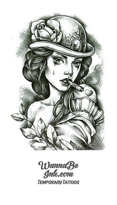 Old West Woman In Bowler Hat Best Temporary Tattoos| WannaBeInk.com