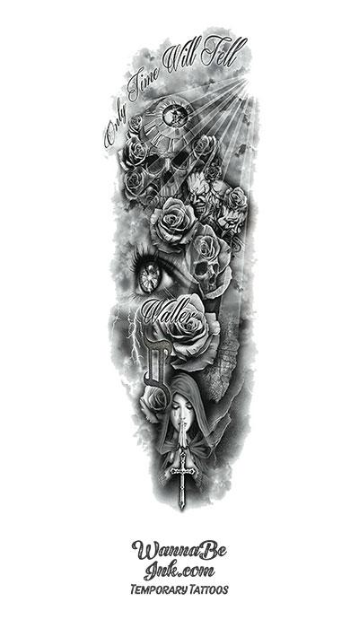 "Only Time Will Tell" Skull Clock Roses Eye Virgin Mary Temporary Sleeve Tattoos
