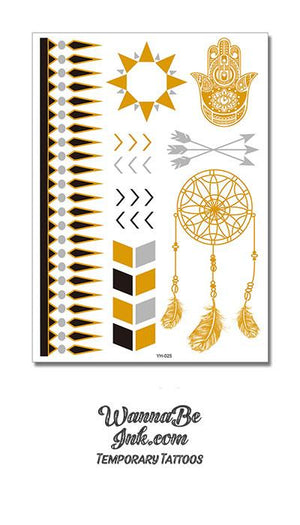 Onyx Bracelet Band with Gold Sun Hamsa and Dream Catcher Metallic Temporary Tattoos