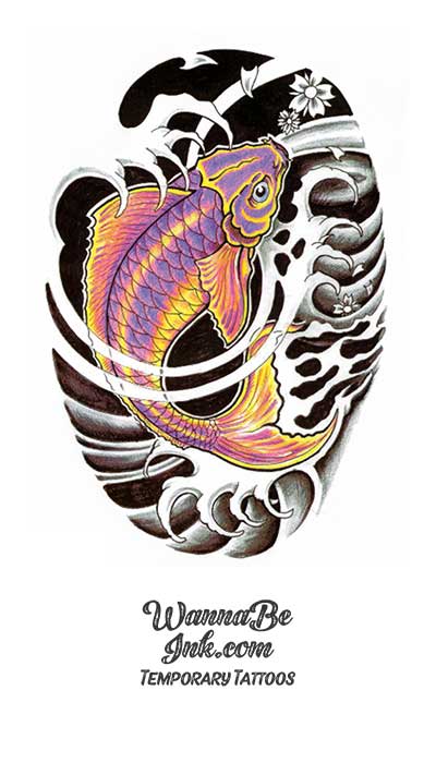 Orange and Blue Koi Fish In Black and White Waves Best Temporary Tattoos