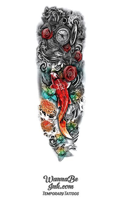 Orange Koi Fish Blue Green Lotus Stop Watch Temporary Sleeve Tattoos