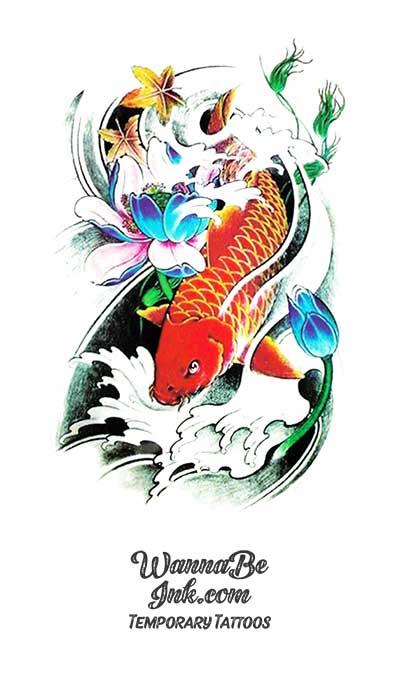 Orange Koi Fish In Waves Best Temporary Tattoos