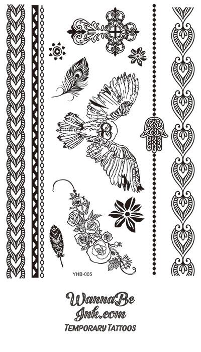 Owl Feather Rose Pattern Henna Style Black Temporary Tattoo Sheet