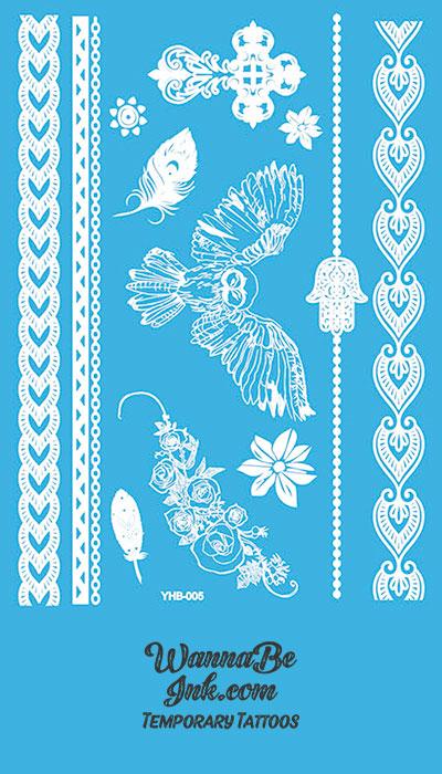 Owl Feather Rose Pattern Henna Style White Temporary Tattoo Sheet