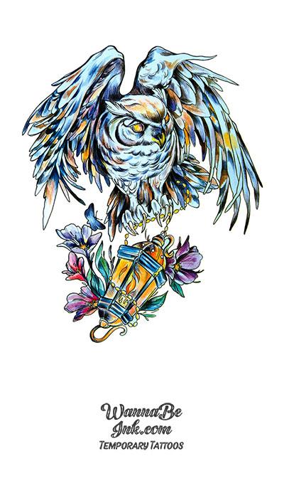 Owl in Blues and Yellows Carrying a Lantern Best Temporary Tattoos