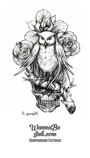 Owl In Roses on Skull Best Temporary Tattoos