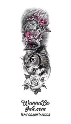 Owl Swallow Roses and Flowers Temporary Sleeve Tattoos