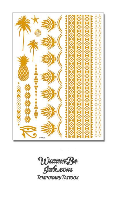 Palm Trees Eye of Ra Suns and Burning Bush in Gold Metallic Temporary Tattoos