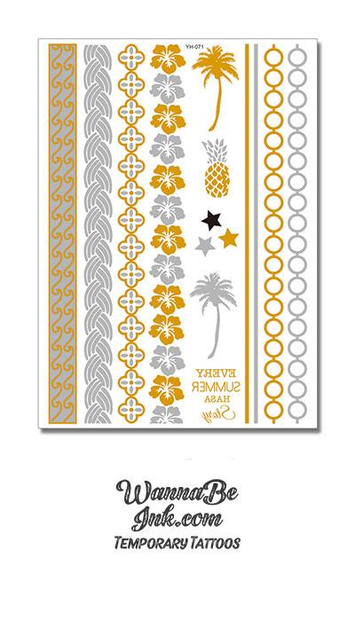 Palms and Pineapples with Leaf Patterns Metallic Temporary Tattoos