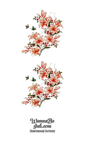 Peach Colored Cherry Blossoms and Birds Flower Temporary Tattoos