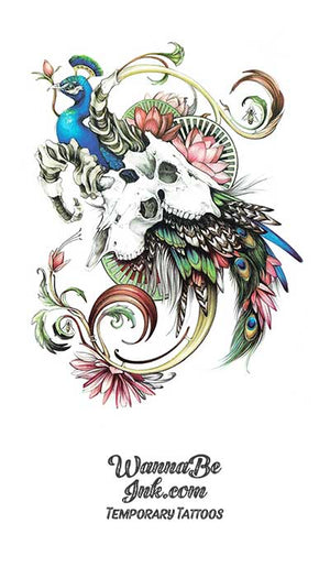Peacock and skulls Best Temporary Tattoos