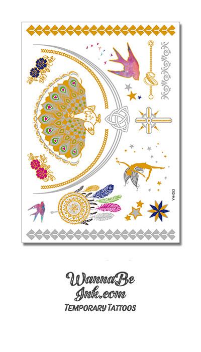 Peacock Display with Swallows and Dream Catcher in Silver and Gold Metallic Temporary Tattoos