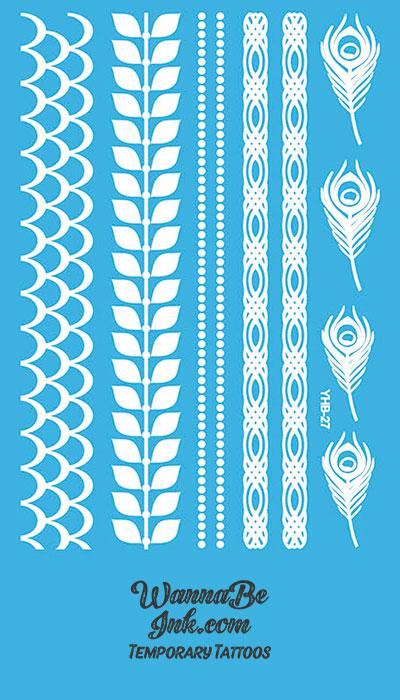 Peacock Feather Interwoven Pattern Henna Style White Temporary Tattoo Sheet