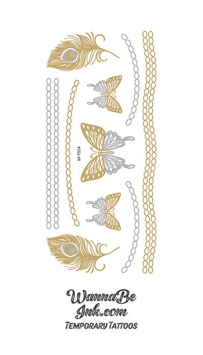 "Peacock Feathers and Butterflys in Gold and Silver Metallic Temporary tattoos