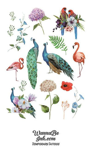 Peacocks Flamingos and WIldflowers Best Temporary Tattoos