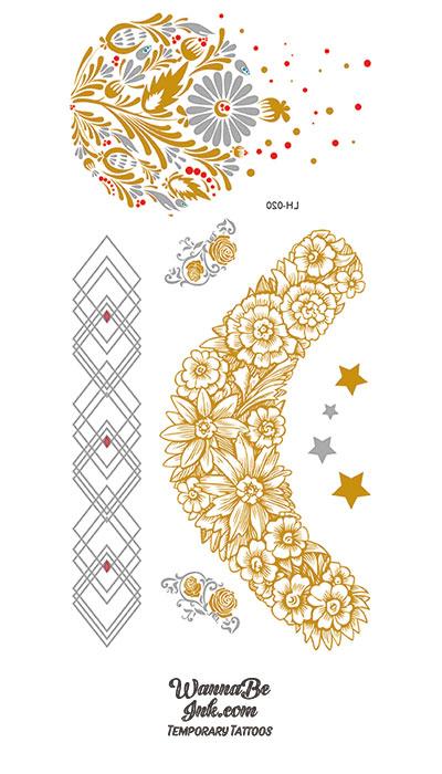 Phoenix and Flowers with Wide Neck Band in Gold Temporary Tattoos