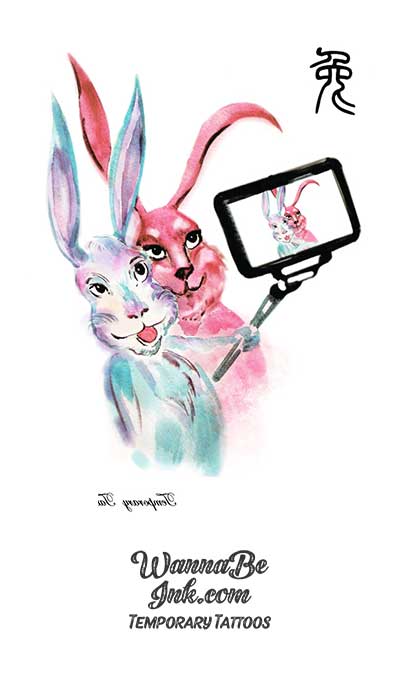 Pink and Blue Rabbit Taking Selfie Best Temporary Tattoos