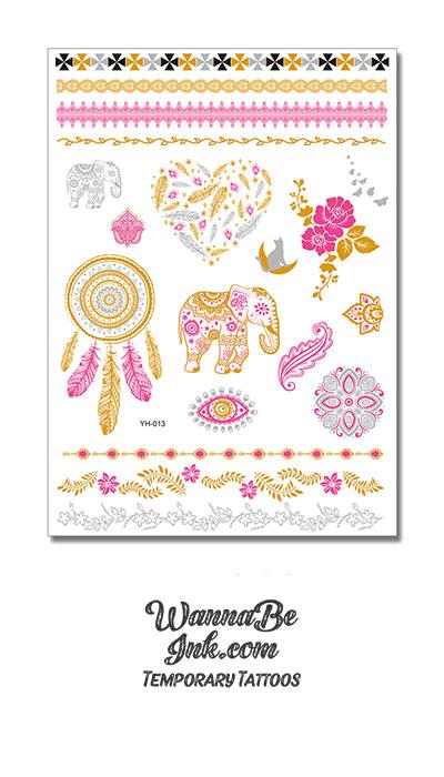 Pink and Gold Heart Dream Catcher Elephant Eye and Designs Metallic Temporary Tattoos