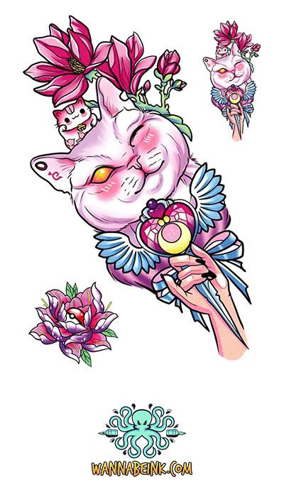 White Cat Pink Blossoms Best Temporary Tattoos