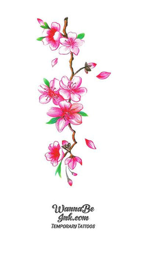 Pink Cherry Blossums with Green Buds Flower Temporary Tattoos