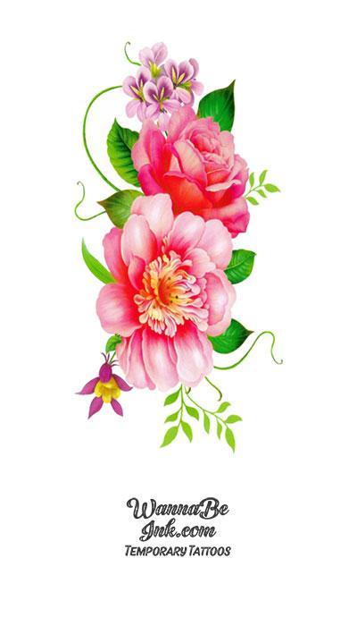 Pink Flower Blossoms and Green Leaves Flower Temporary Tattoos