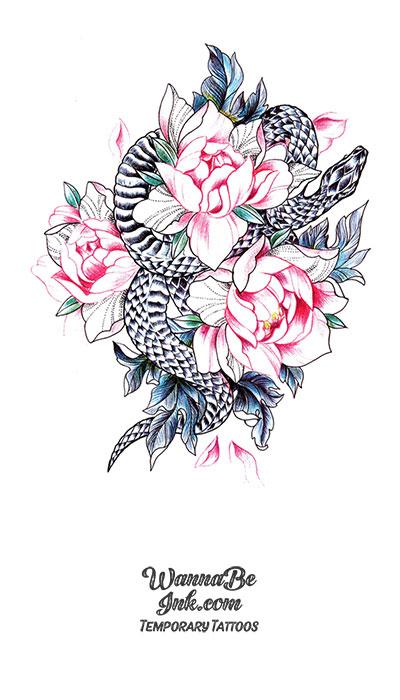 Pink Flower Blossoms and Snake Best Temporary Tattoos