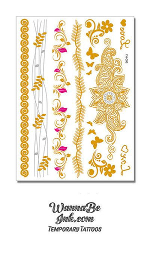 Pink Flowers with Gold Leaves and Butterflies Metallic Temporary Tattoos